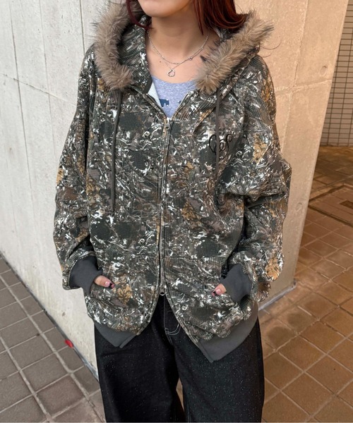 パーカー 2wayフェイクファーフードワッフルパーカー レディース