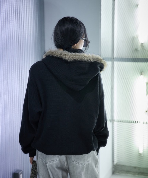 パーカー 2wayフェイクファーフードワッフルパーカー レディース