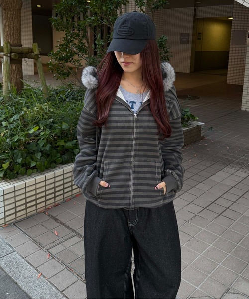 パーカー 2wayフェイクファーフードワッフルパーカー レディース