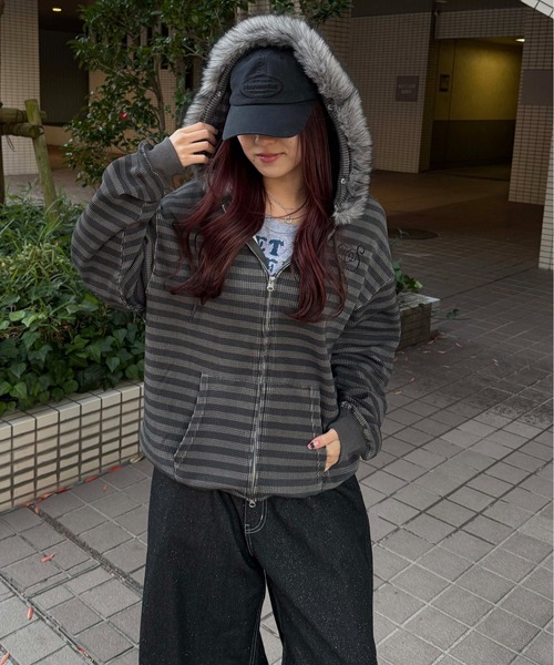 パーカー 2wayフェイクファーフードワッフルパーカー レディース
