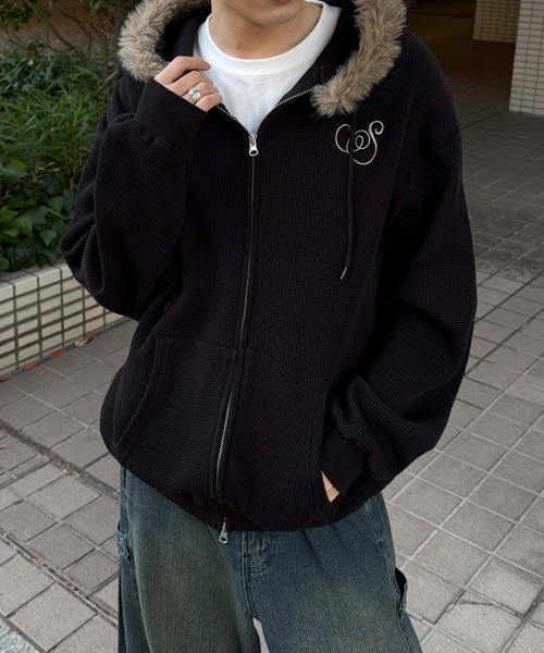 パーカー 2wayフェイクファーフードワッフルパーカー レディース