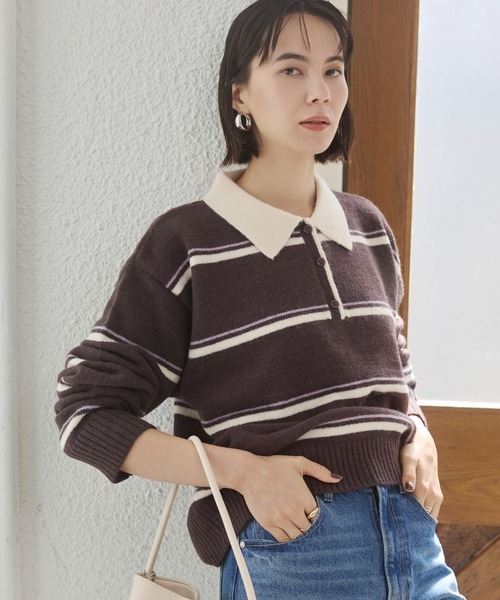 ANGIE ニット セーター ボーダーポロ襟ニット レディース : ZOZOTOWN