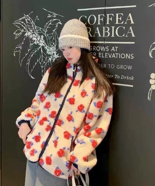 ViViDAY ブルゾン アウター バラ柄もこもこボアブルゾン レディース