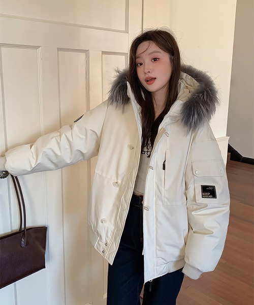 ダウンコート ダウンジャケット フェイクファー付き中綿ミドル丈コート