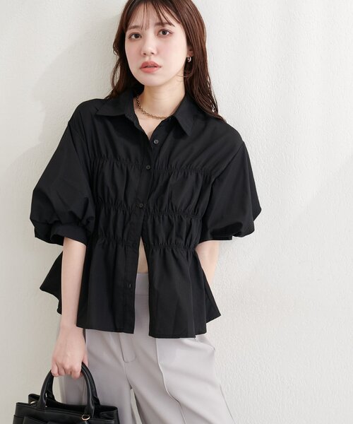 natural couture ブラウス シャツ シャーリングパフスリーブブラウス