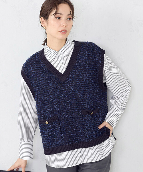 「COMME CA ISM」 長袖シャツ LARGE ネイビー レディース_画像6