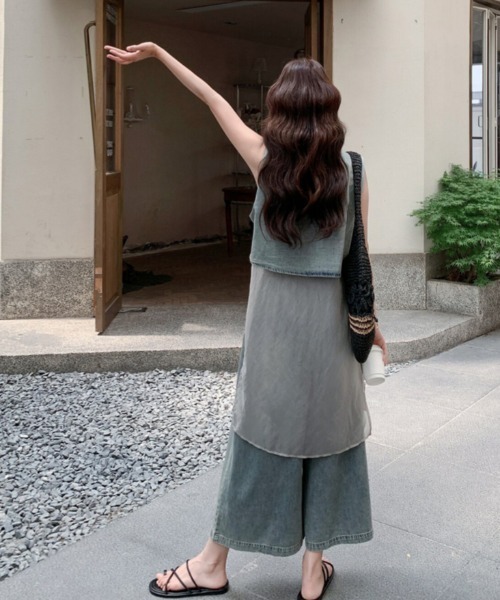 FAVORITO セットアップ デニムノースリーブトップスワイドパンツ