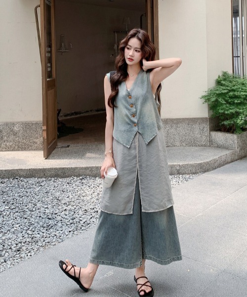 FAVORITO セットアップ デニムノースリーブトップスワイドパンツ