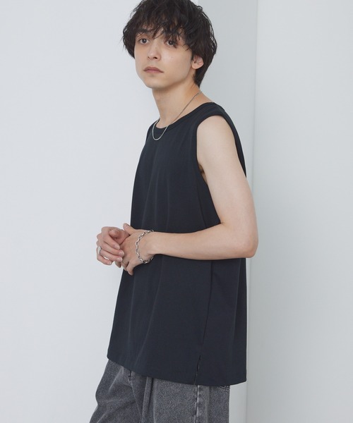 値下げ☆シェアスピリット☆グレー プリント タンクトップ サイドスリット ロングタンクトップ サイドスリット 無地[品番：AGCW0005458