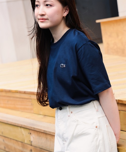 LACOSTE ネイビー クルーネック長袖Tシャツ テニス セール】 クラシックテニスプリントルーズフィットTシャツ （T
