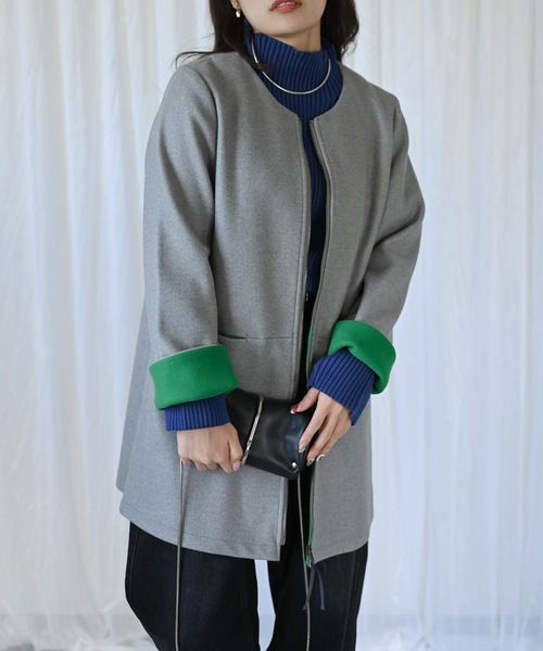 ＆HALF ノーカラーコート コート ウールライク配色ミドルコート