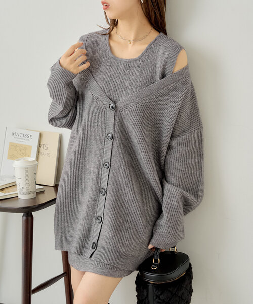 ワンピース メランジルーズカーディガン+タンクミニワンピース  