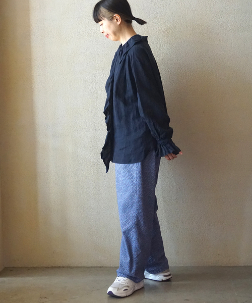 journal standard luxeフレンチリネン フリルパフブラウス 紺 JOURNAL STANDARD LUXE ブラウス シャツ 「追加」フレンチリネン