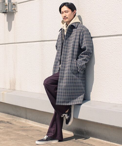 美品　シップス　ステンカラーコート　チェック　チャコールグレー　ネイビー SHIPS（シップス） ステンカラーコート SMALL ネイビー メンズ