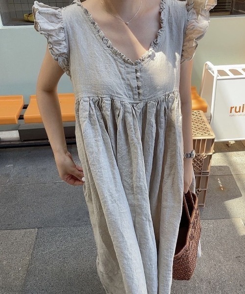 deux amour ワンピース 肩フリルVネックボリュームワンピース