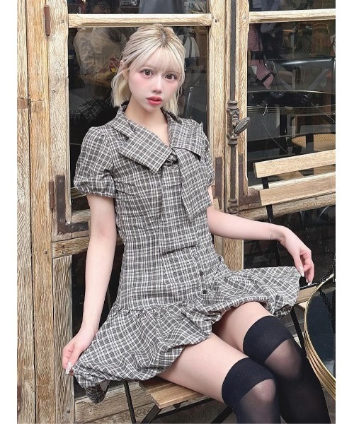 Darich ワンピース ビッグリボンバルーンチェックミニワンピース