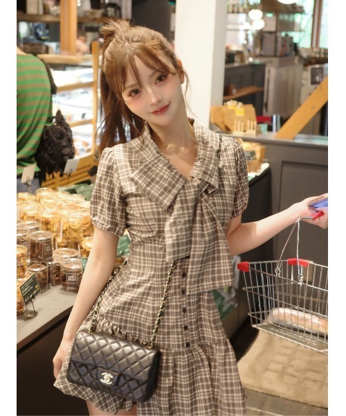 Darich ビッグリボンバルーンチェックミニワンピース 予約商品】ビッグリボンバルーンチェックミニワンピース
