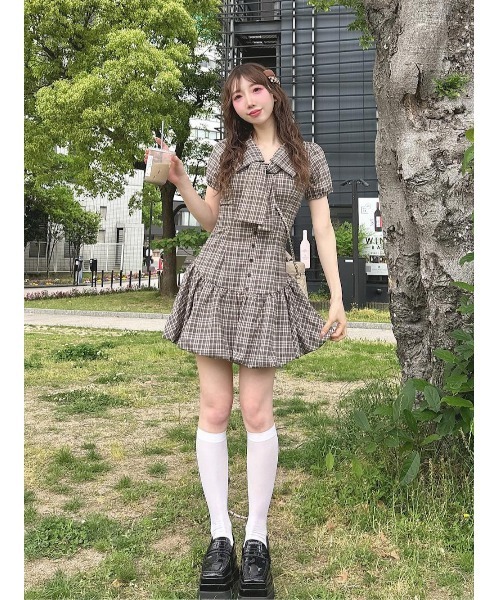 Darich ワンピース ビッグリボンバルーンチェックミニワンピース