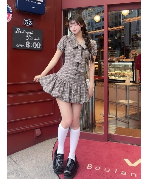 ［新品・未開封］ビッグリボンバルーンチェックミニワンピース 予約商品】ビッグリボンバルーンチェックミニワンピース