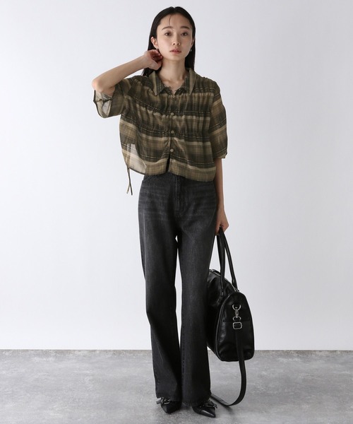 ブラウス シャツ ドロスト仕様 フロントシャーリングチェックシャツ レディース JEANASIS ブラウス シャツ シャーリングチェックドロストシャツ