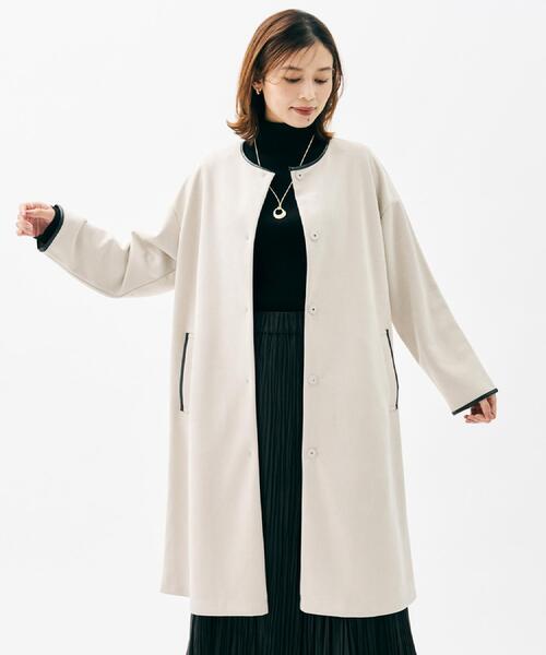 美品 アンタイトル ノーカラーロングコート ベージュ 44 大きいサイズ 洗える アンタイトル UNTITLED 【日本製／通勤／フォーマル】カシミヤ混ノー