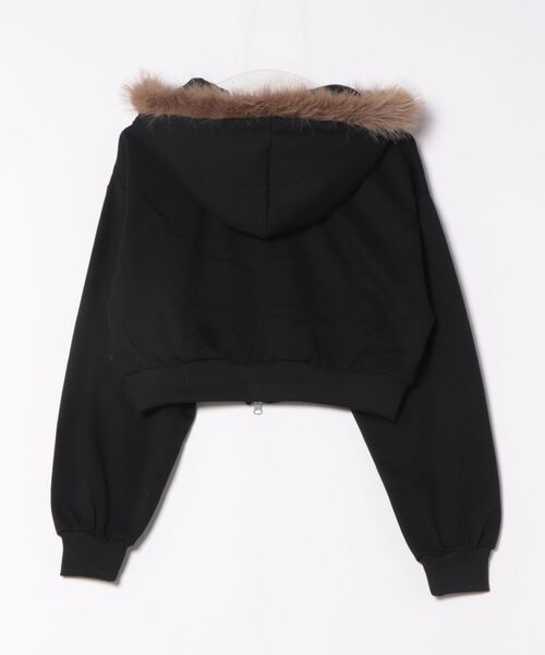 パーカー 「ファーフード×ロゴストーン」ショート丈ジップパーカー