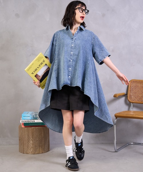 A.D.C.L. ブラウス シャツ イレギュラーヘム デニムロングシャツ