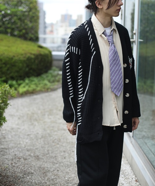 カーディガン HOOK -original- ブロックチェックハートパッチ ワッフル