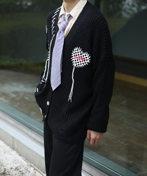 カーディガン HOOK -original- ブロックチェックハートパッチ ワッフル
