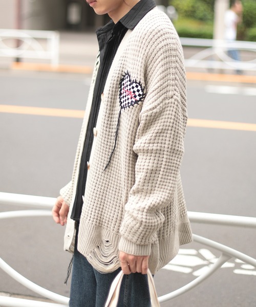 カーディガン HOOK -original- ブロックチェックハートパッチ ワッフル