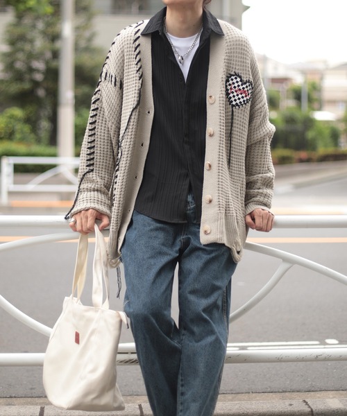 カーディガン HOOK -original- ブロックチェックハートパッチ ワッフル