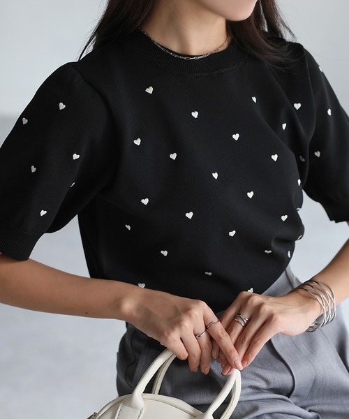 ハート刺繍リボン付き半袖ニット ROJITA ロジータ ROJITA ハートドット肩開きニットトップス （パープル