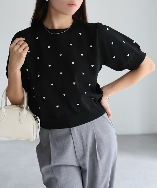 Riberry ニット セーター スポンディッシュハート刺繍半袖ニット