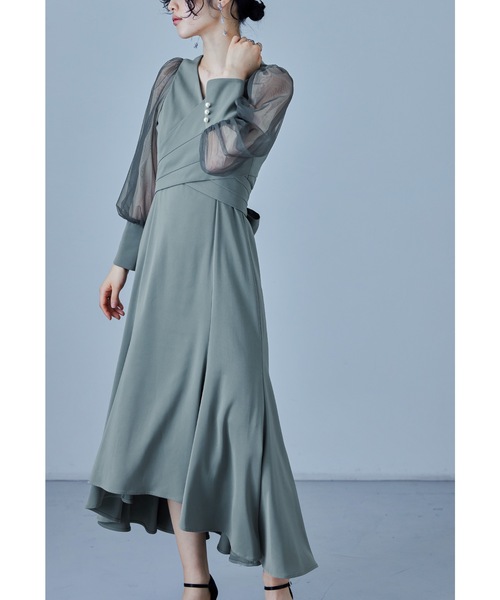 【1,000円値下げ】2日間限定　オケージョンドレス　チャコール Vネックシアースリーブドレス キーホールネック シンプル 結婚式 成人