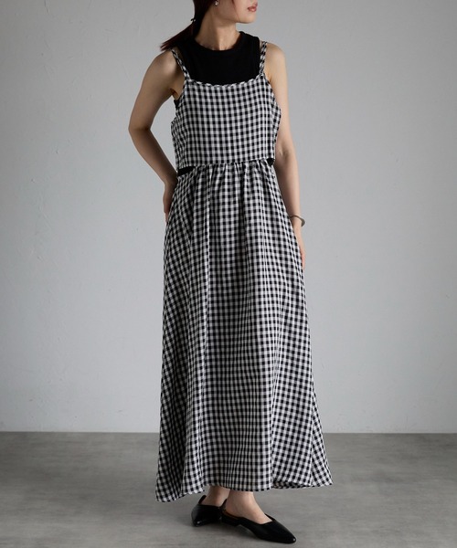ワンピース ギンガムチェック カッティング キャミワンピース  