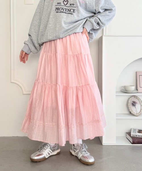 Loueme ロング スカート レース切り替えティアードロングスカート