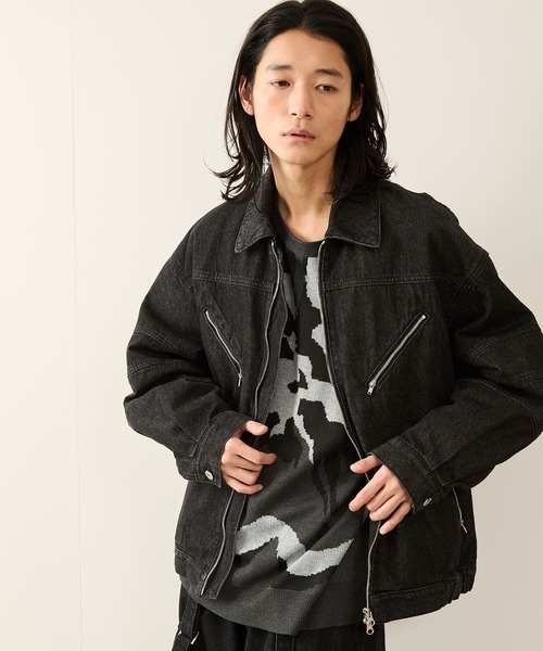 Gジャン　デニムジャケット　ライダース　レザージップ　90s　短丈　バイカー JUNRED デニムジャケット gジャン デニムバイカーZIPブルゾン