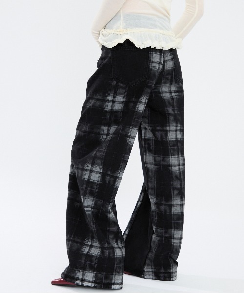 Clum ワイドパンツ ジーンズ デニム デニムパンツ チェック柄フレア