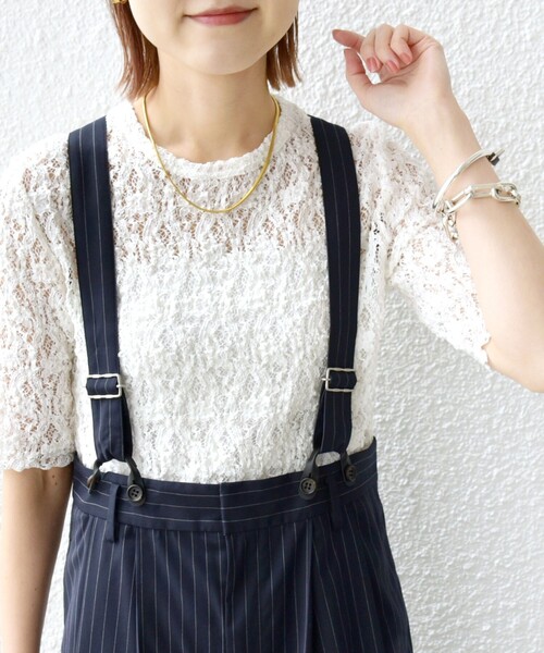 tシャツ 「手洗い可能」ラッセル レース クルーネック 5分袖 カットソー レディース