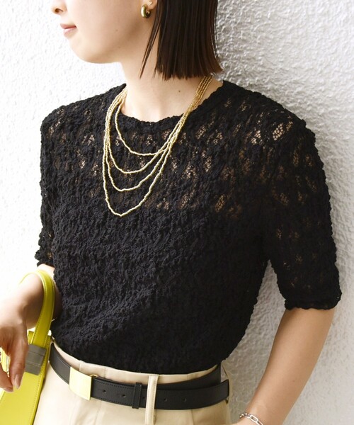 SHIPS for women / シップスウィメン 〈手洗い可能〉ラッセル レース クルーネック 5分袖 カットソー SHIPS tシャツ 「手洗い可能」ラッセル レース クルーネック 5分