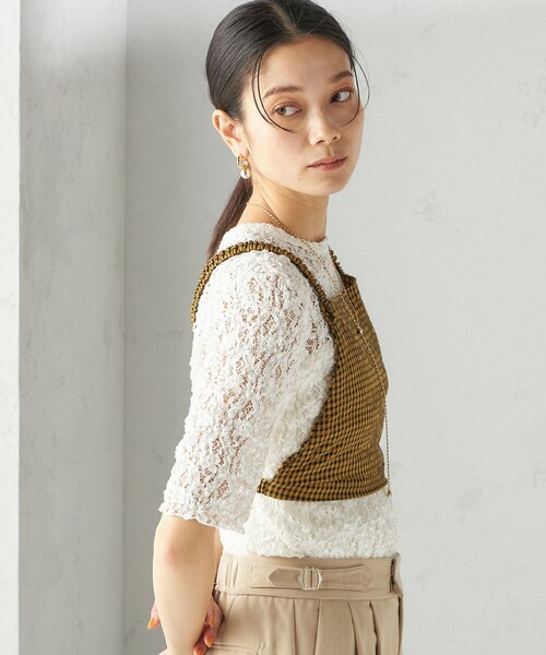 SHIPS for women / シップスウィメン 〈手洗い可能〉ラッセル レース クルーネック 5分袖 カットソー SHIPS tシャツ 「手洗い可能」ラッセル レース クルーネック 5分