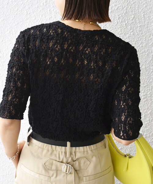 SHIPS for women / シップスウィメン 〈手洗い可能〉ラッセル レース クルーネック 5分袖 カットソー SHIPS tシャツ 「手洗い可能」ラッセル レース クルーネック 5分