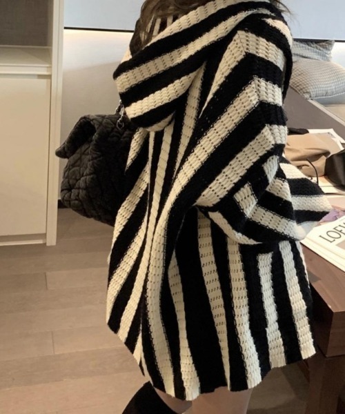 「deux amour」 ニットカーディガン FREE ブラック×ホワイト レディース_画像2