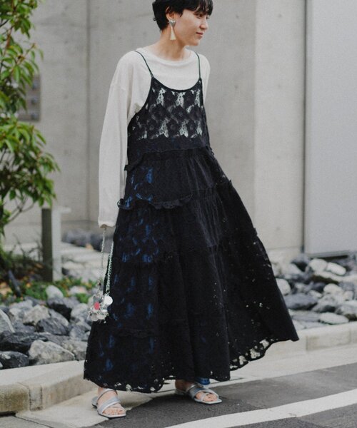 AnMILLEアンミール　黒　レース襟　ロングワンピース　ボウタイリボン 刺繍レースキャミソールワンピース｜ISABEL MARANT ETOILE