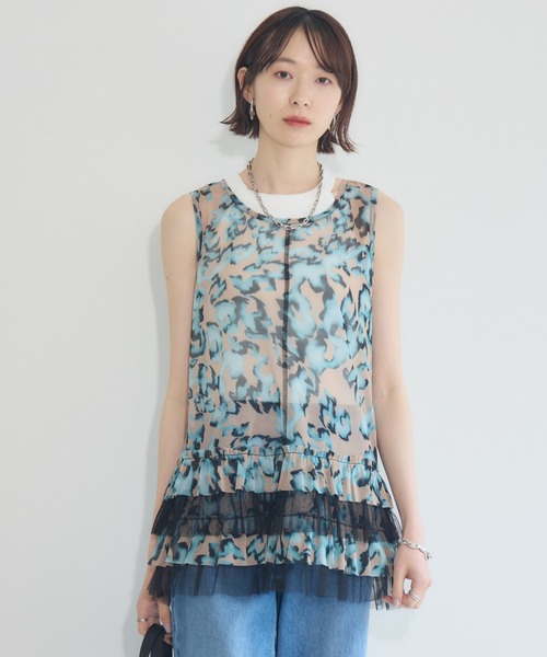 タンクトップ ノースリーブ TRANOI . フリルヘムメッシュタンクトップ レディース
