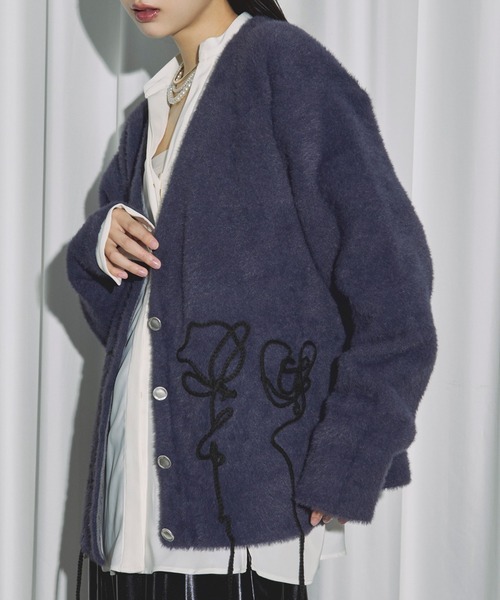 Ezick カーディガン flower rope knit ロープ刺繍シャギーニット