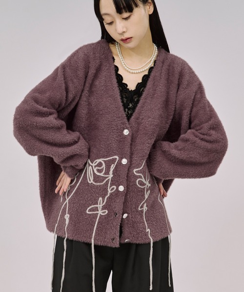 Ezick カーディガン flower rope knit ロープ刺繍シャギーニット