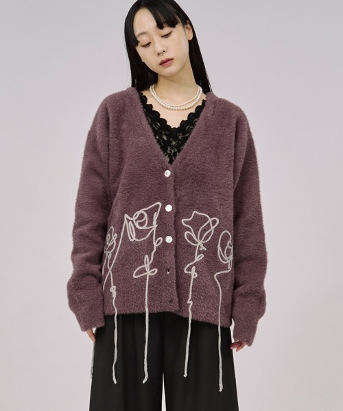 Ezick カーディガン flower rope knit ロープ刺繍シャギーニット