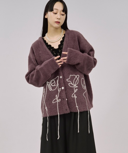 Ezick カーディガン flower rope knit ロープ刺繍シャギーニット