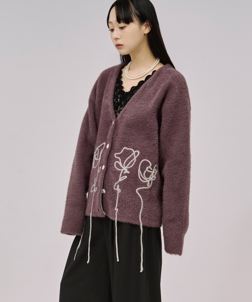 Ezick カーディガン flower rope knit ロープ刺繍シャギーニット